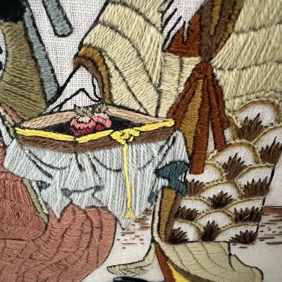 Vintage 1980s Japanese Antique Needlepoint Framed Wall Art Hand Stitched Framed - Picture 6 of 12